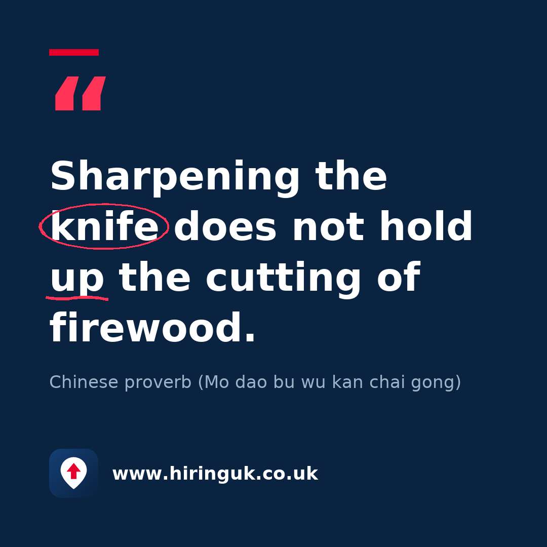 Quote card: Sharpening the knife does not hold up the cutting of firewood.