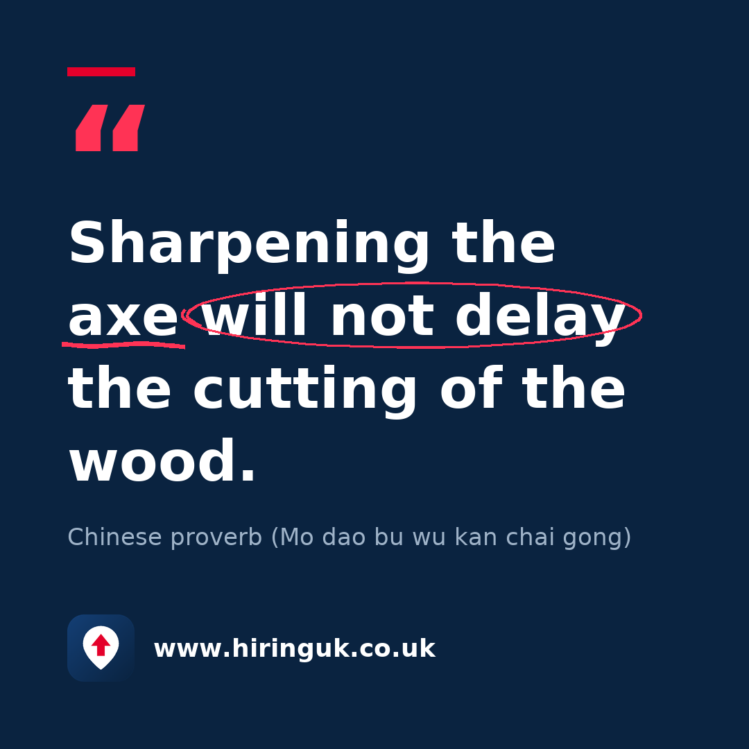Quote card: Sharpening the axe will not delay the cutting of the wood.