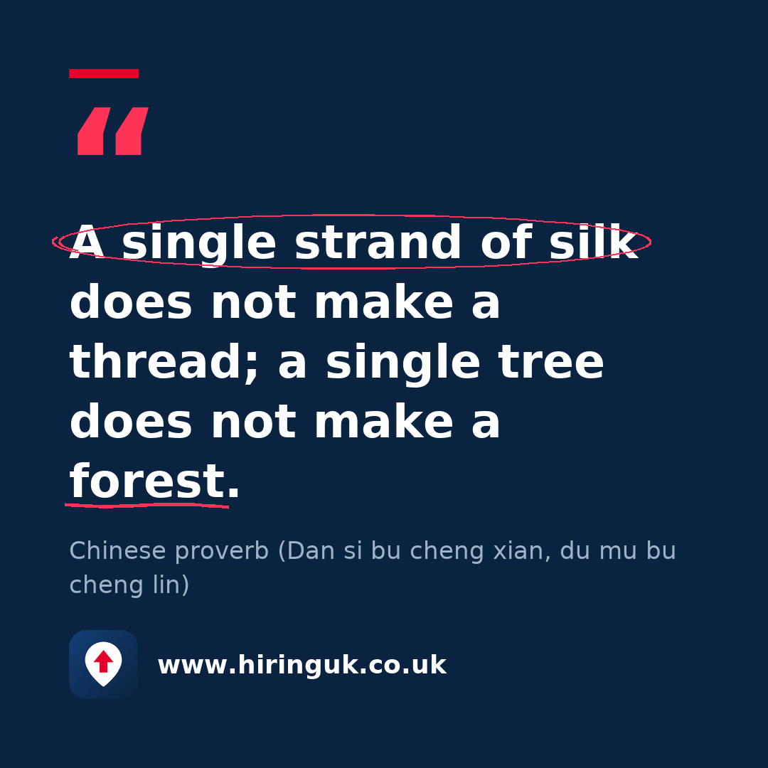 Quote card: A single strand of silk does not make a thread; a single tree does not make a forest.