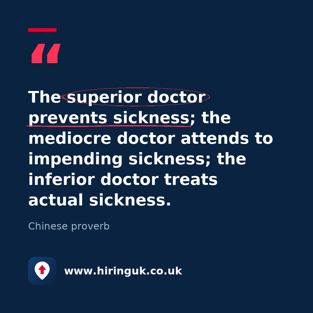 Quote card: The superior doctor prevents sickness; the mediocre doctor attends to impending sickness; the inferior doctor treats actual sickness.