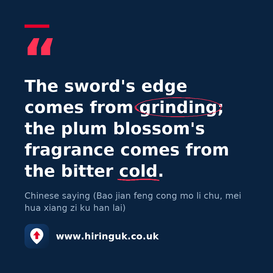 Quote card: The sword's edge comes from grinding; the plum blossom's fragrance comes from the bitter cold.