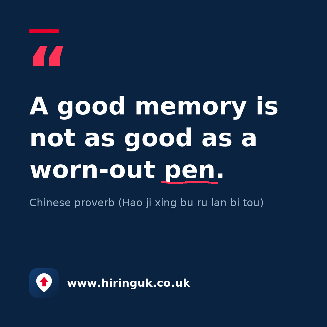 Quote card: A good memory is not as good as a worn-out pen.