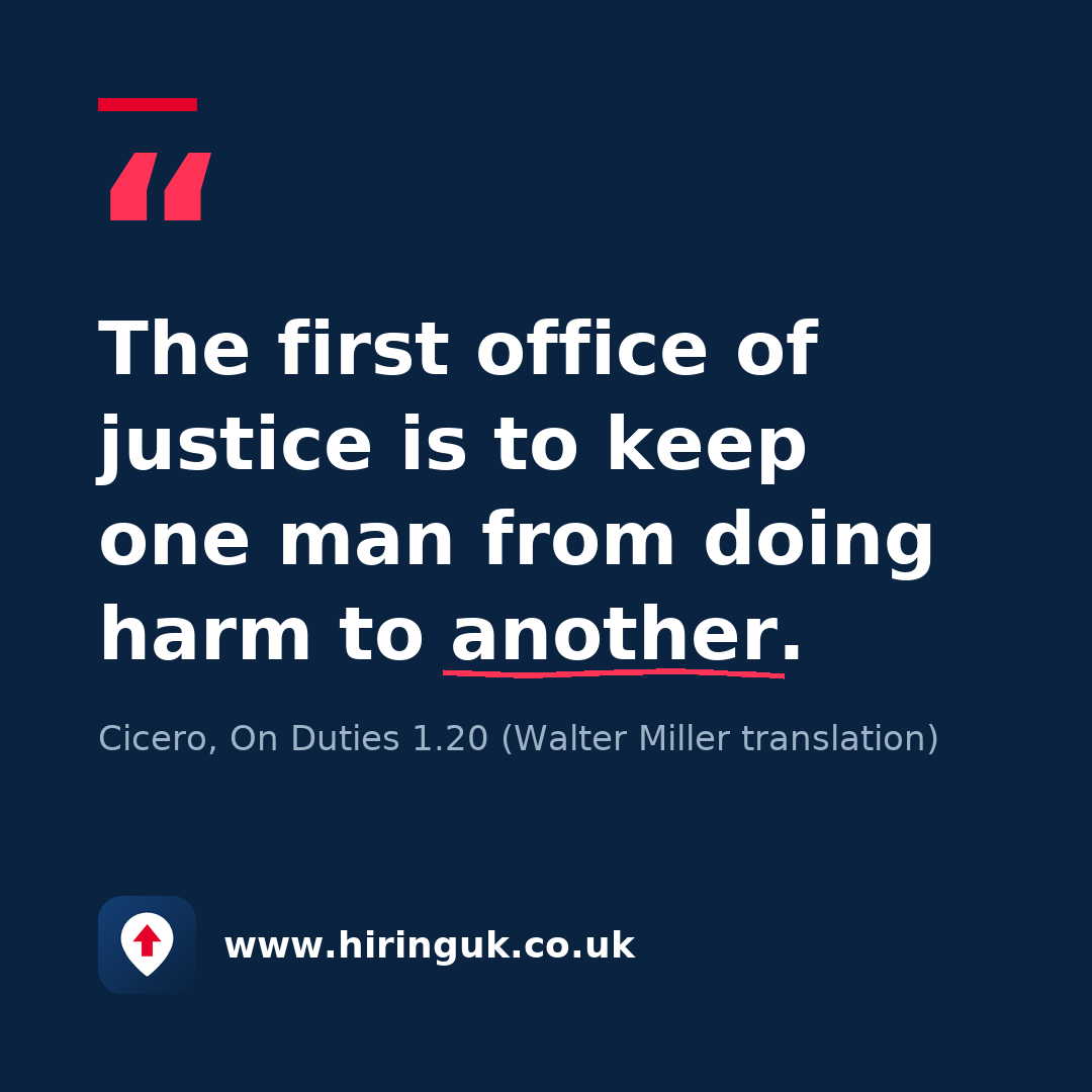 Quote card: The first office of justice is to keep one man from doing harm to another.
