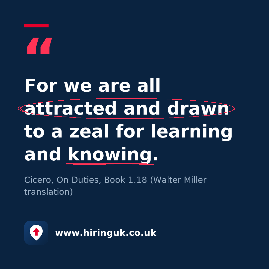 Quote card: For we are all attracted and drawn to a zeal for learning and knowing.