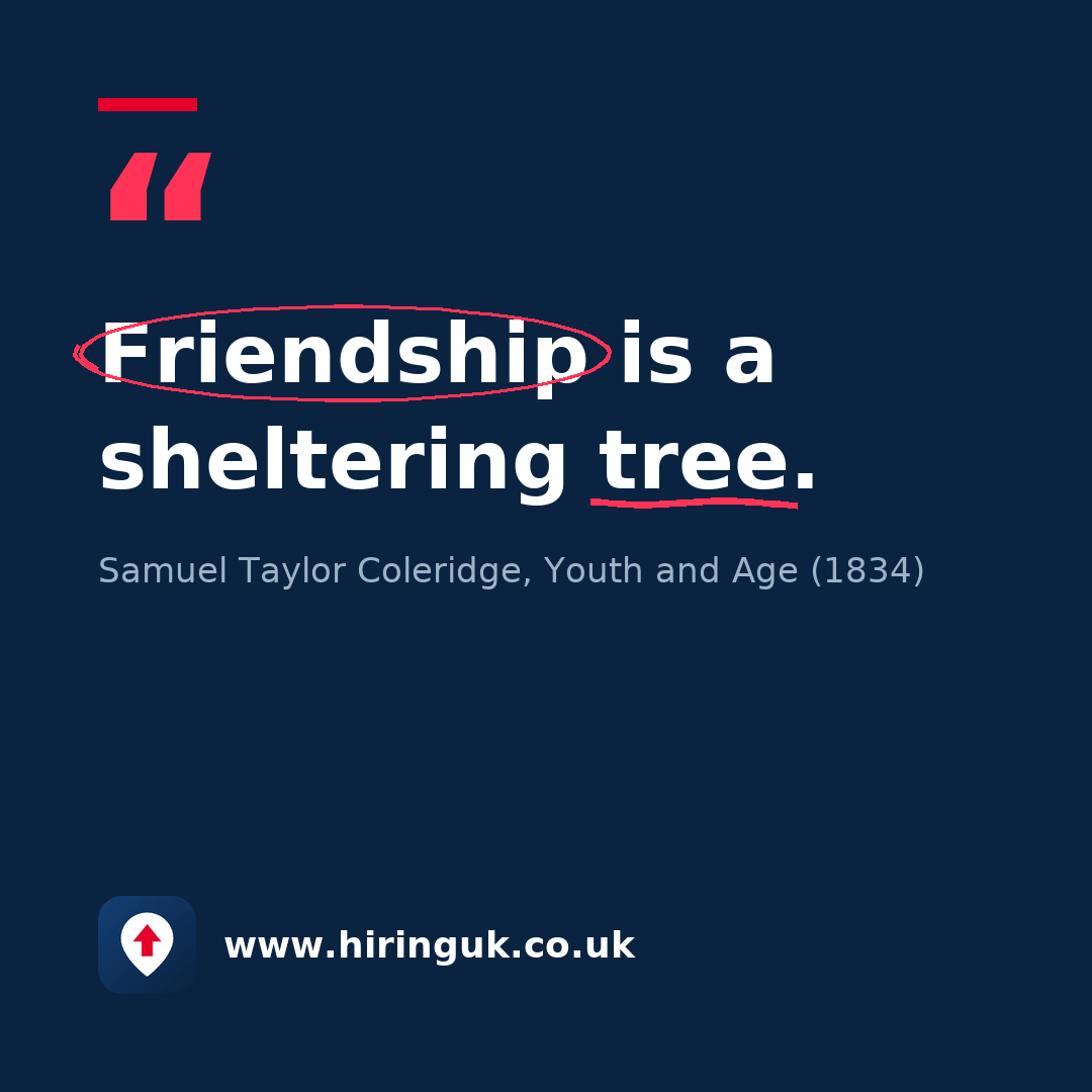 Quote card: Friendship is a sheltering tree.