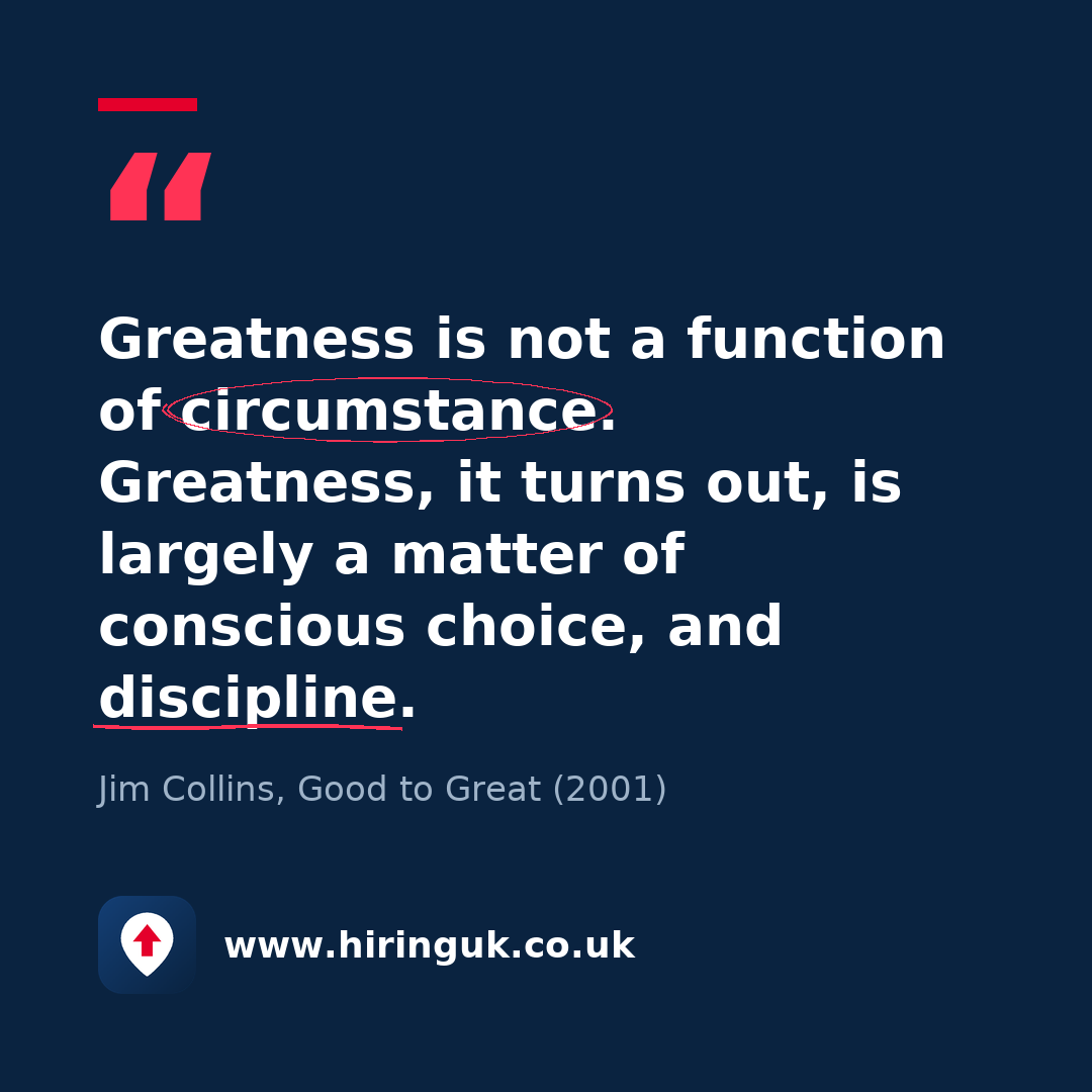 Quote card: Greatness is not a function of circumstance. Greatness, it turns out, is largely a matter of conscious choice, and discipline.