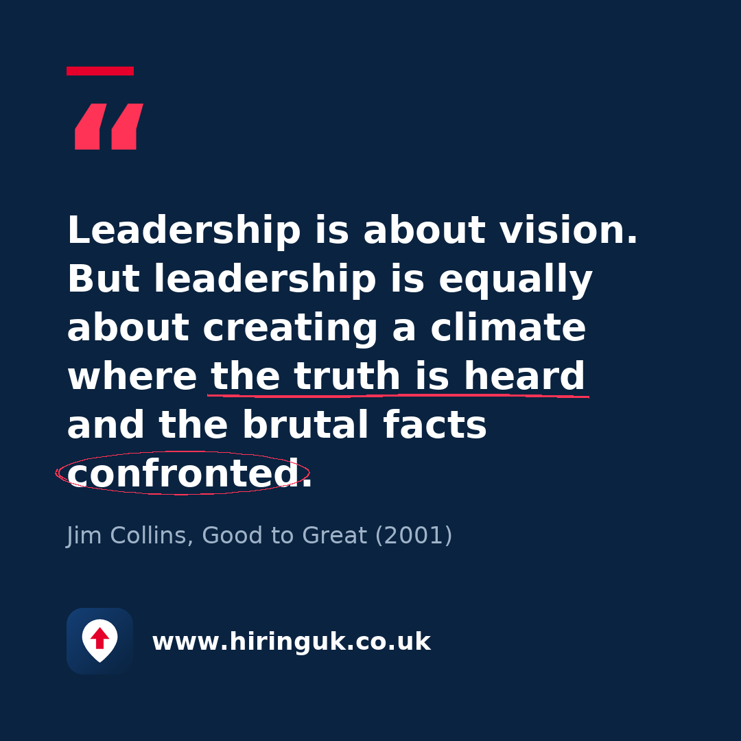 Quote card: Leadership is about vision. But leadership is equally about creating a climate where the truth is heard and the brutal facts confronted.