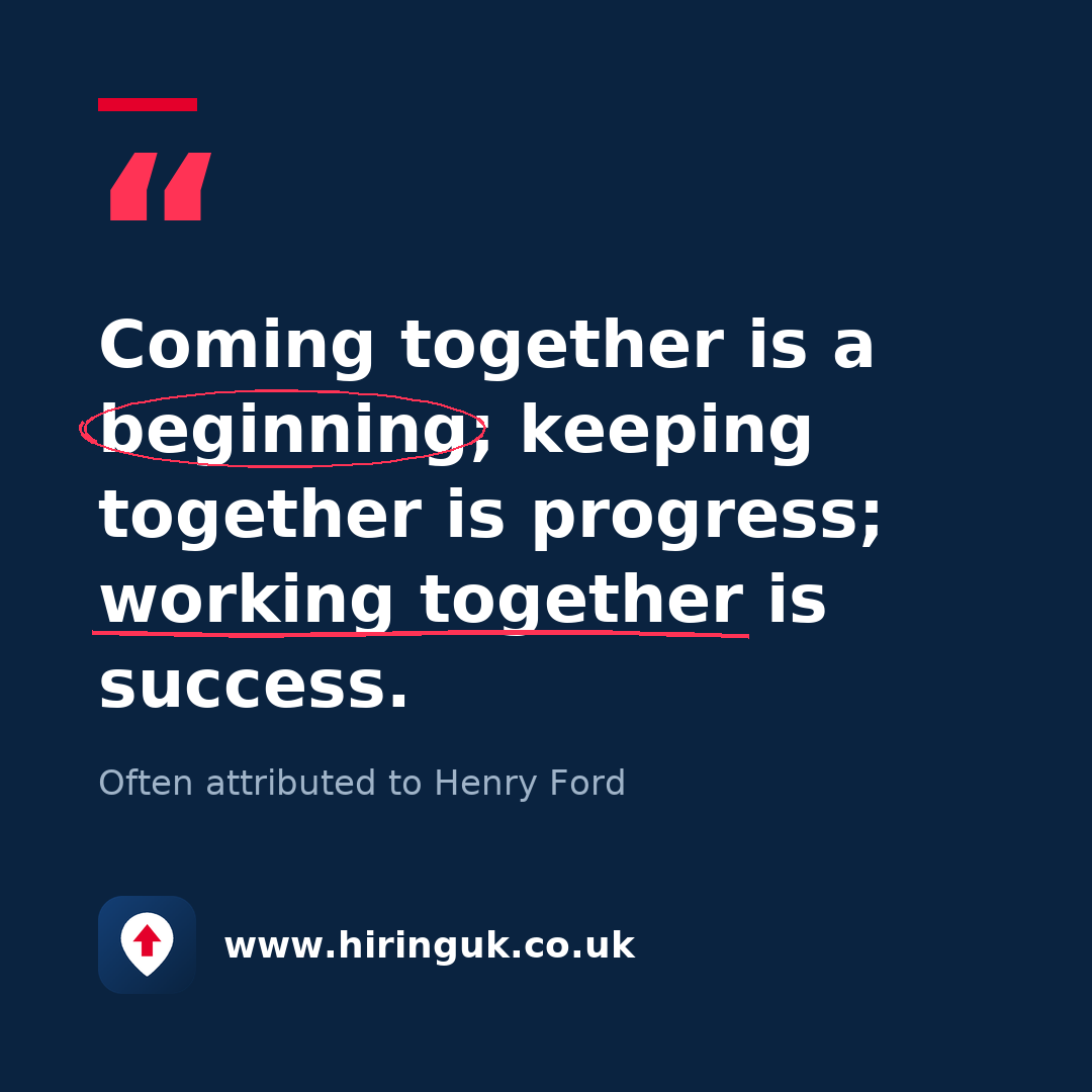Quote card: Coming together is a beginning; keeping together is progress; working together is success.