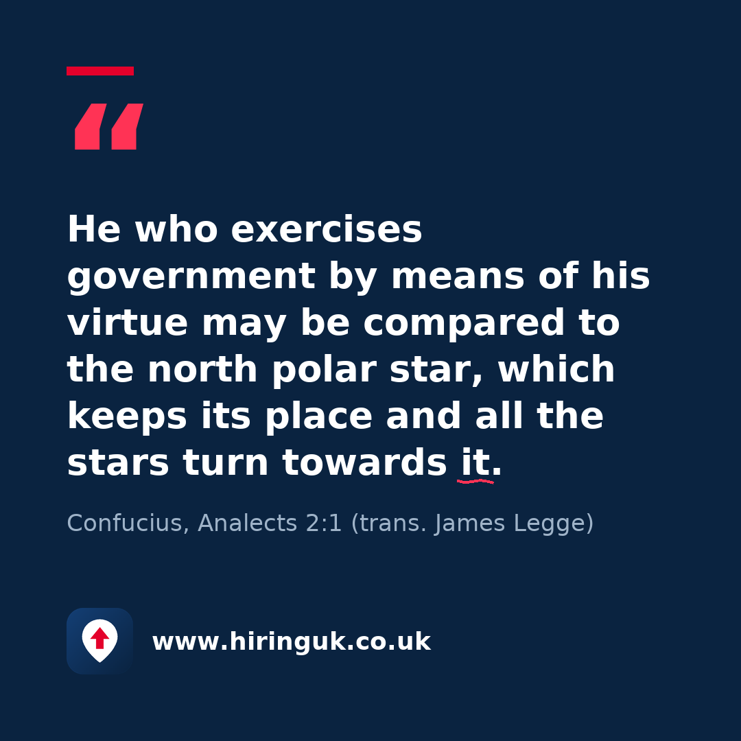 Quote card: He who exercises government by means of his virtue may be compared to the north polar star, which keeps its place and all the stars turn towards it.