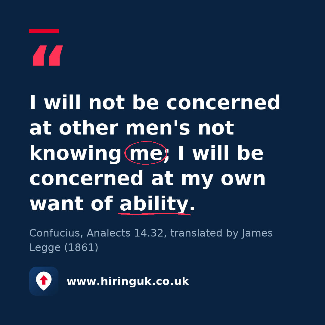 Quote card: I will not be concerned at other men's not knowing me; I will be concerned at my own want of ability.