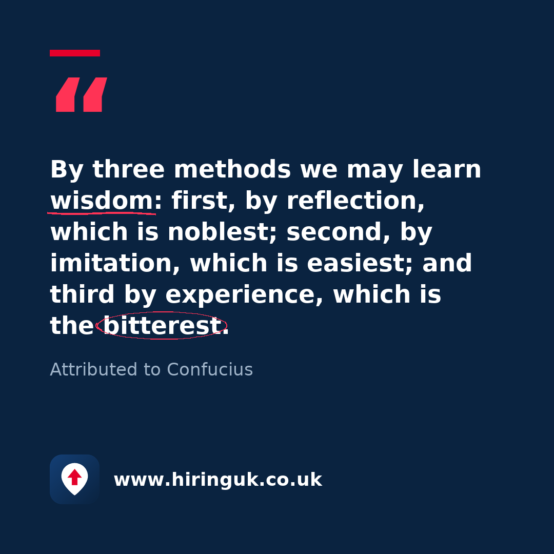 Quote card: By three methods we may learn wisdom: first, by reflection, which is noblest; second, by imitation, which is easiest; and third by experience, which is the bitterest.