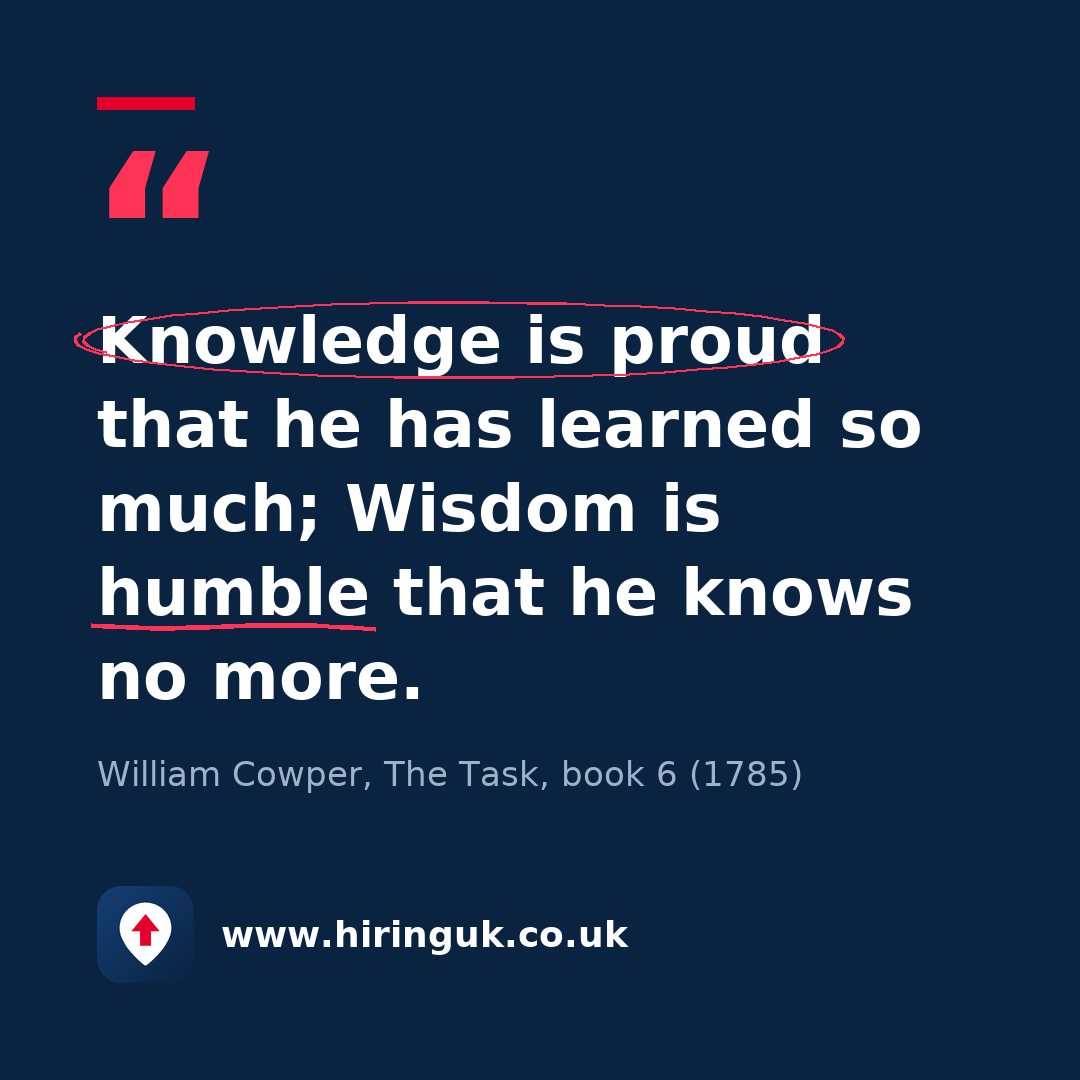 Quote card: Knowledge is proud that he has learned so much; Wisdom is humble that he knows no more.