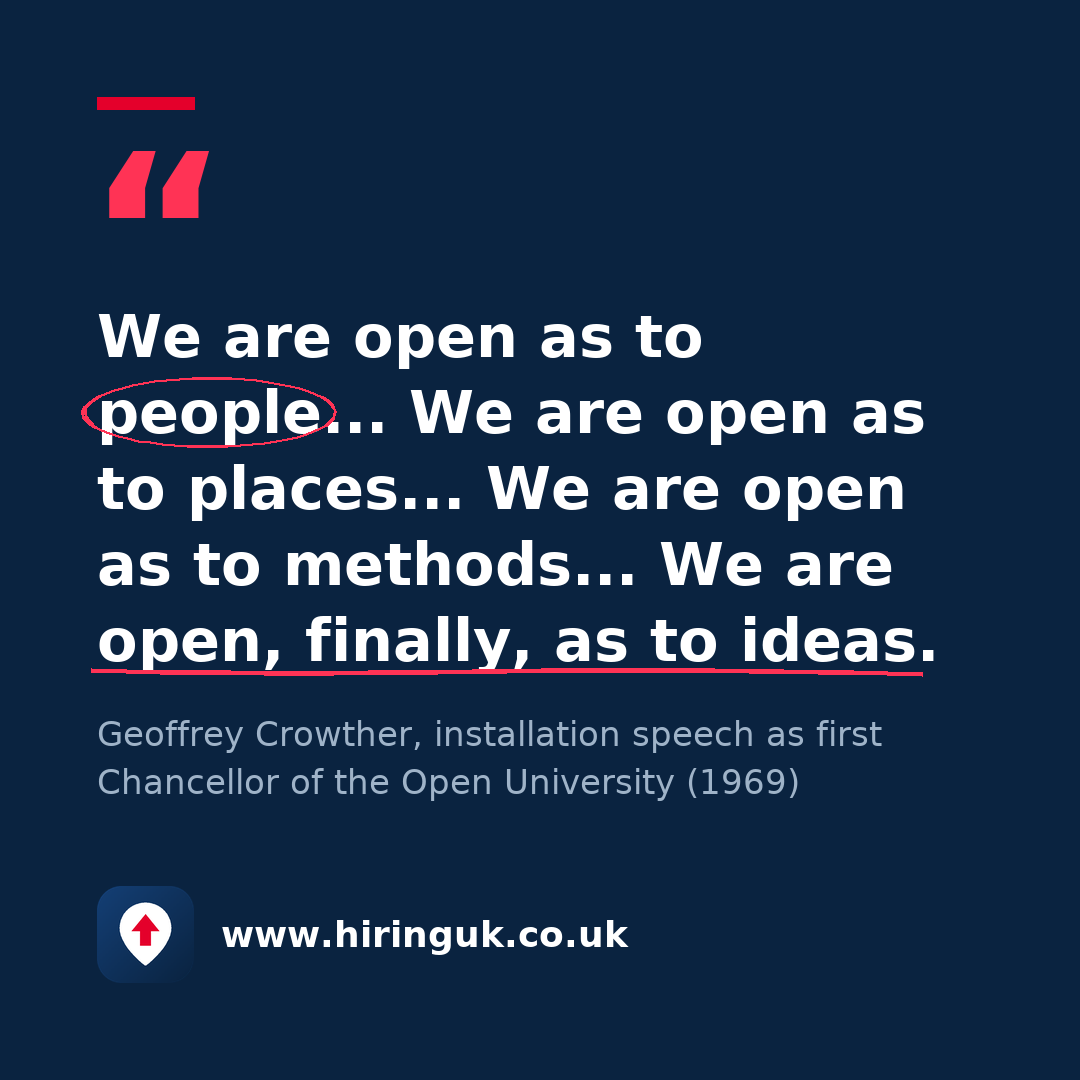 Quote card: We are open as to people... We are open as to places... We are open as to methods... We are open, finally, as to ideas.