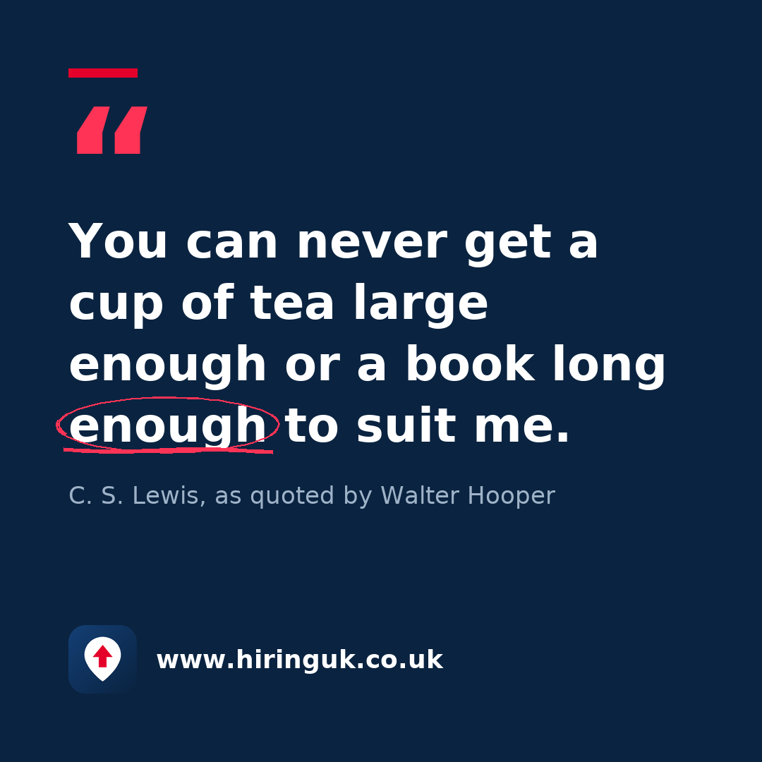 Quote card: You can never get a cup of tea large enough or a book long enough to suit me.