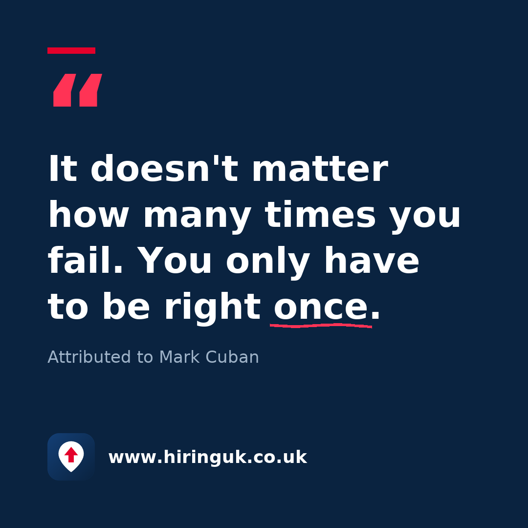 Quote card: It doesn't matter how many times you fail. You only have to be right once.