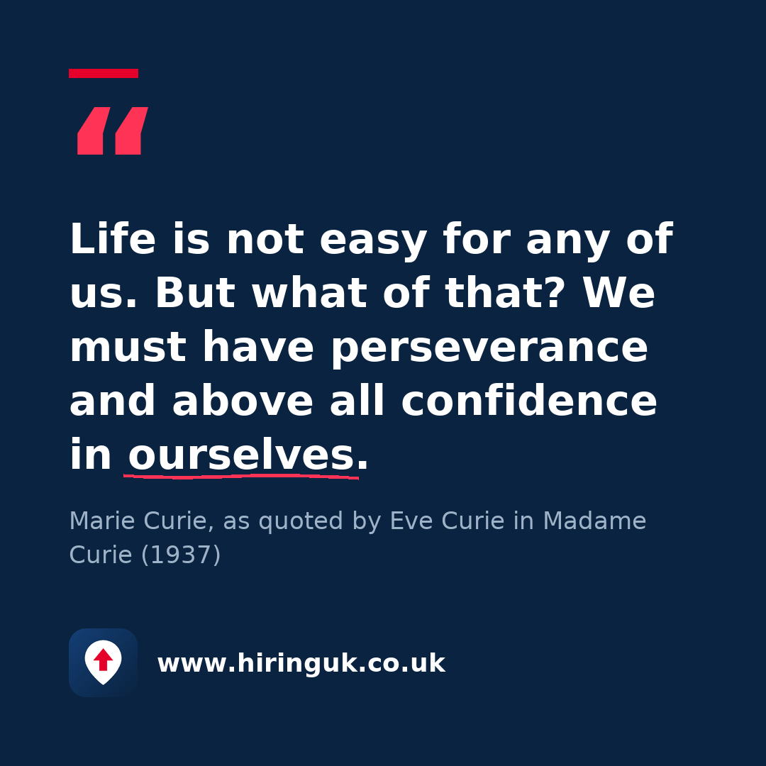 Quote card: Life is not easy for any of us. But what of that? We must have perseverance and above all confidence in ourselves.