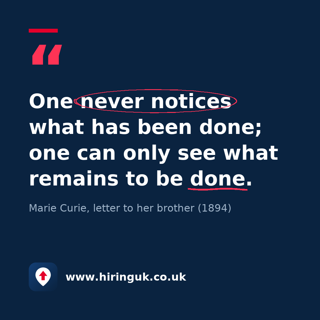 Quote card: One never notices what has been done; one can only see what remains to be done.