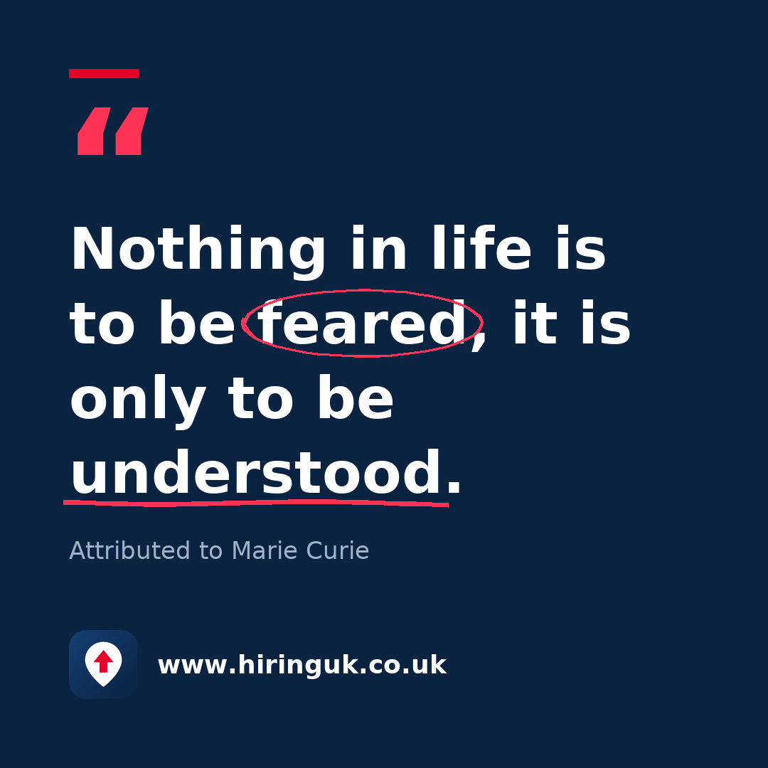 Quote card: Nothing in life is to be feared, it is only to be understood.