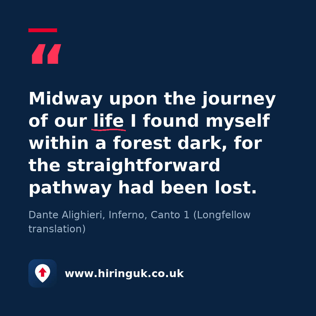 Quote card: Midway upon the journey of our life I found myself within a forest dark, for the straightforward pathway had been lost.