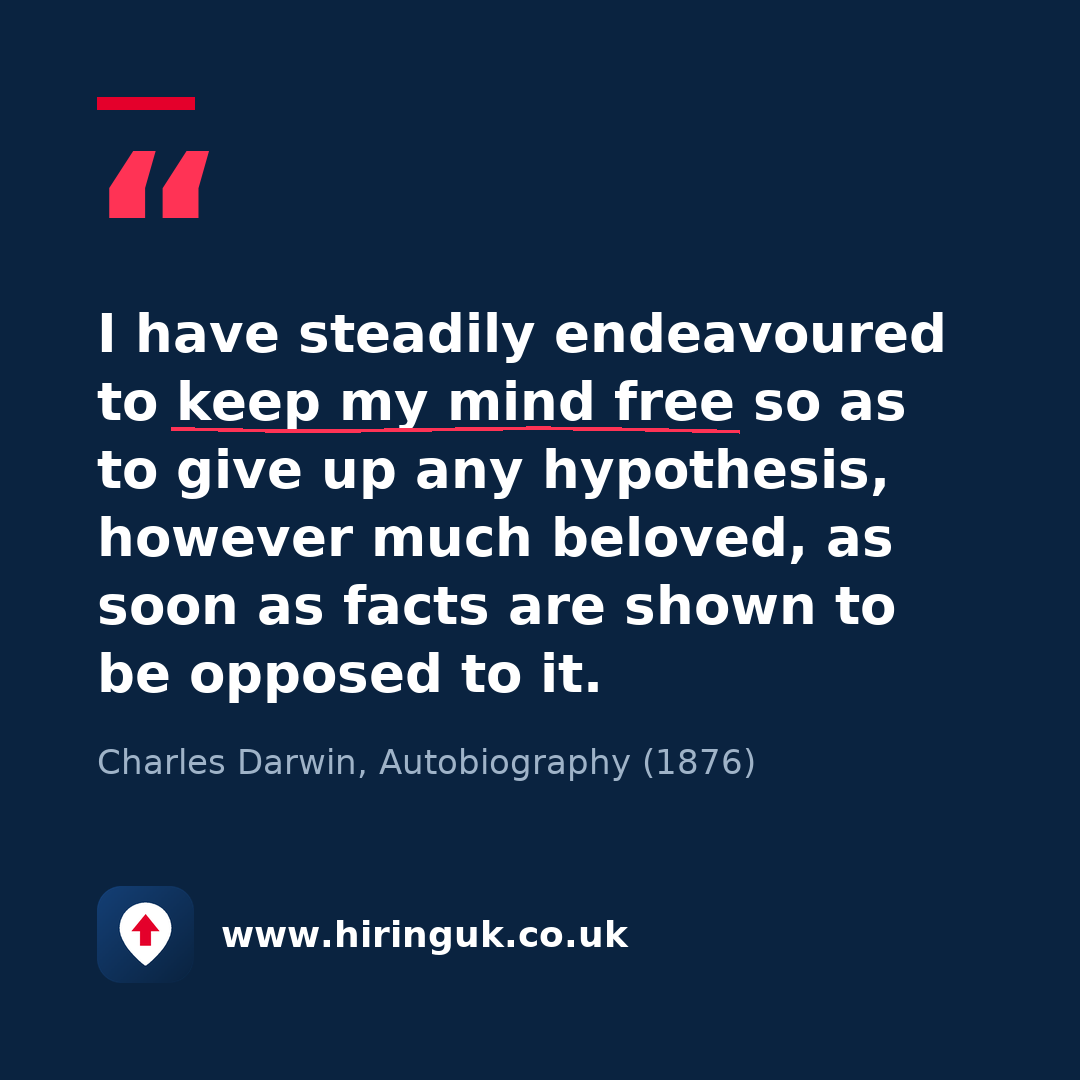 Quote card: I have steadily endeavoured to keep my mind free so as to give up any hypothesis, however much beloved, as soon as facts are shown to be opposed to it.