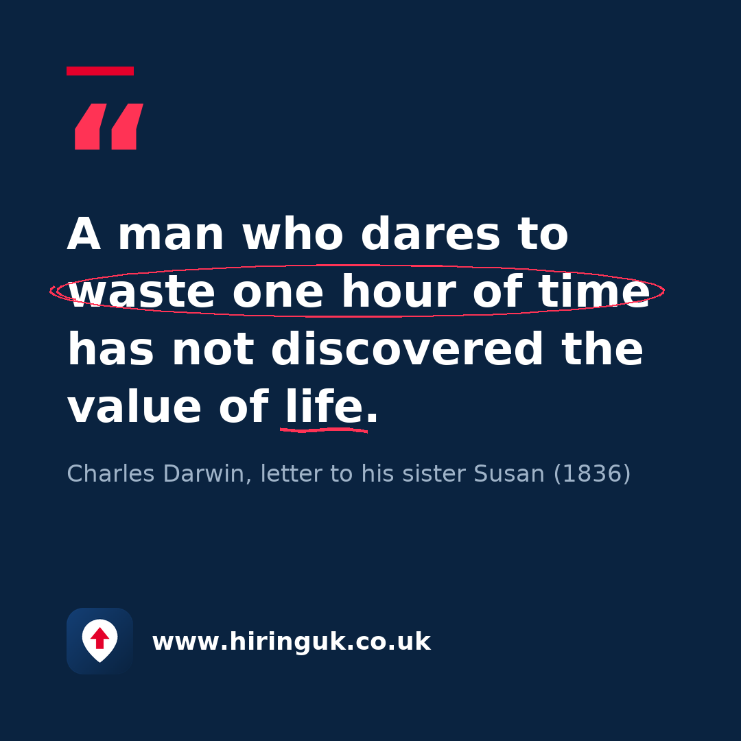 Quote card: A man who dares to waste one hour of time has not discovered the value of life.