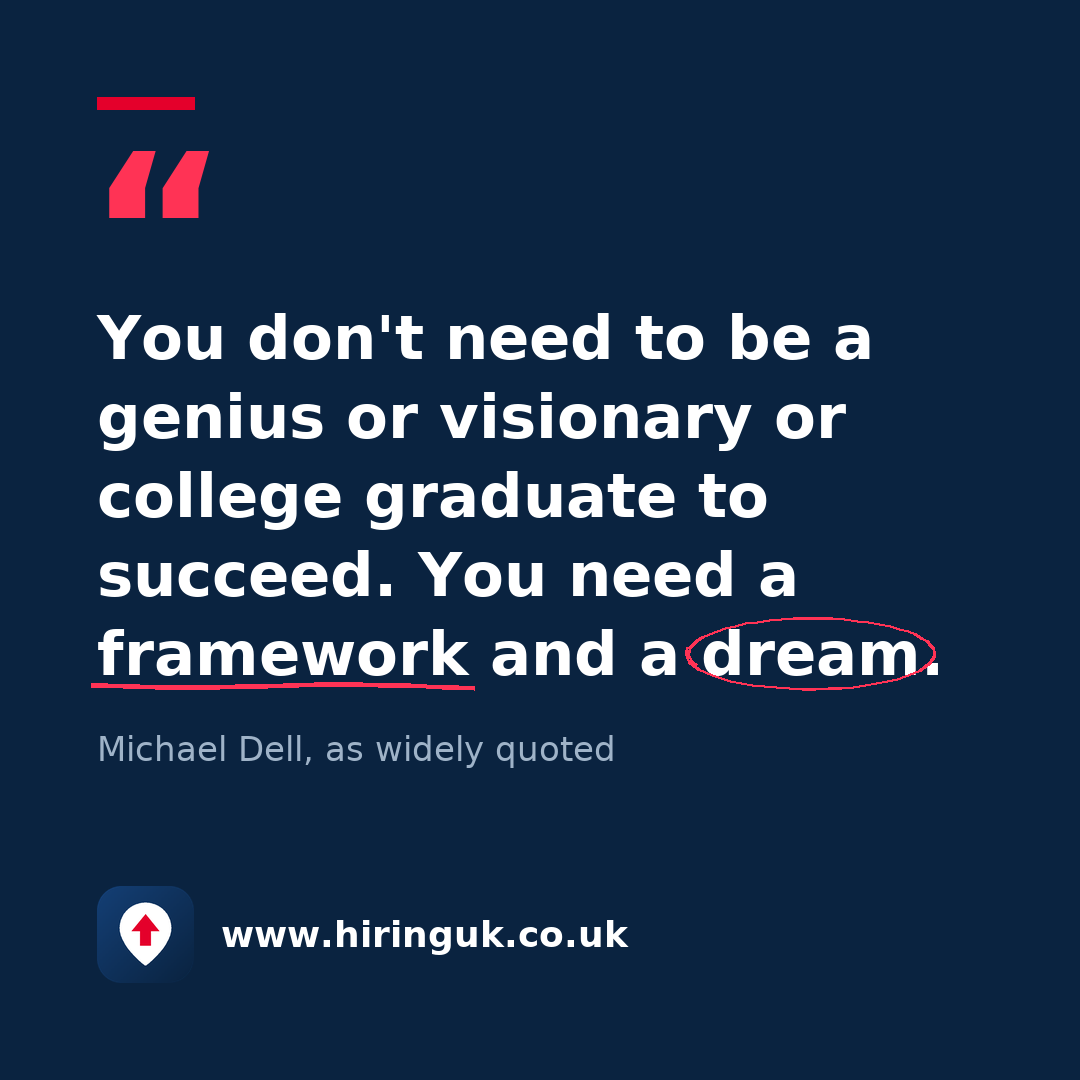 Quote card: You don't need to be a genius or visionary or college graduate to succeed. You need a framework and a dream.
