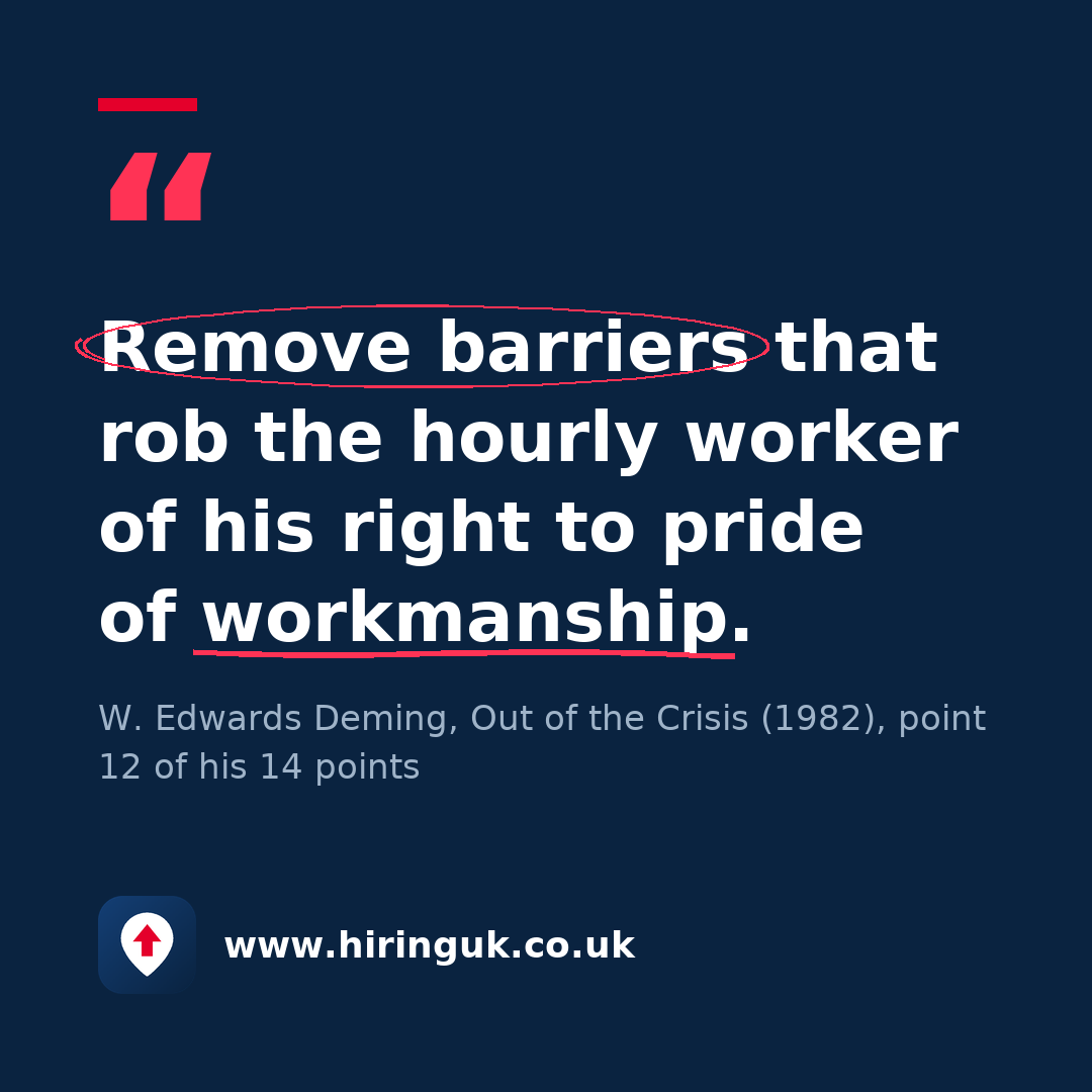 Quote card: Remove barriers that rob the hourly worker of his right to pride of workmanship.