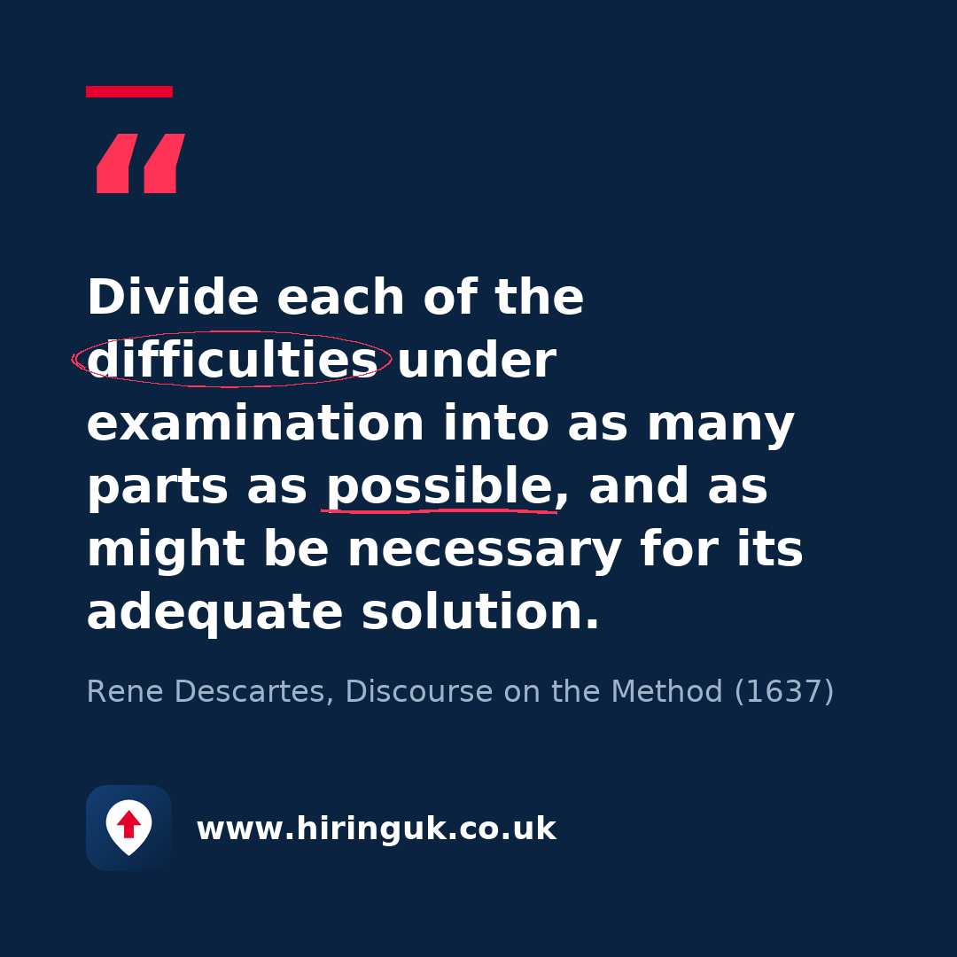 Quote card: Divide each of the difficulties under examination into as many parts as possible, and as might be necessary for its adequate solution.