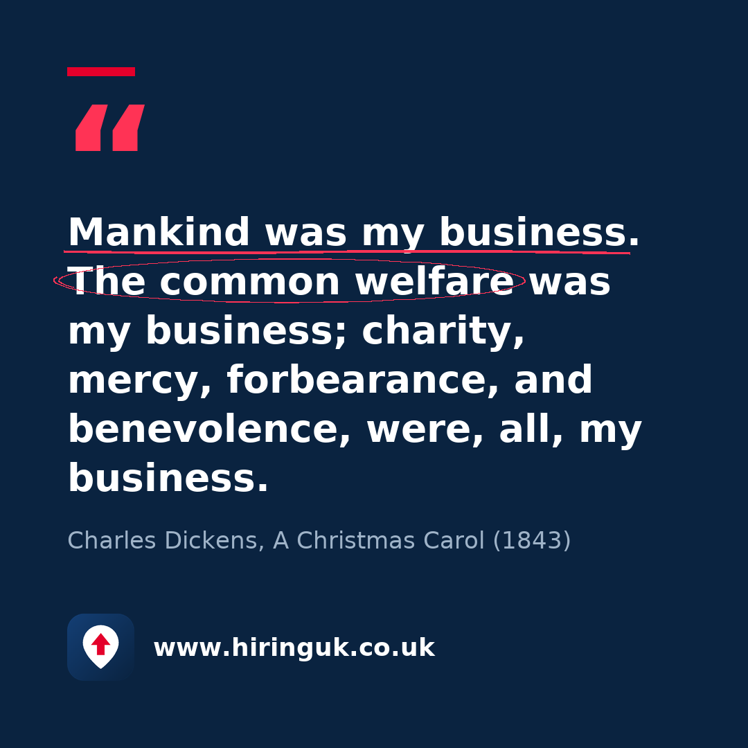 Quote card: Mankind was my business. The common welfare was my business; charity, mercy, forbearance, and benevolence, were, all, my business.