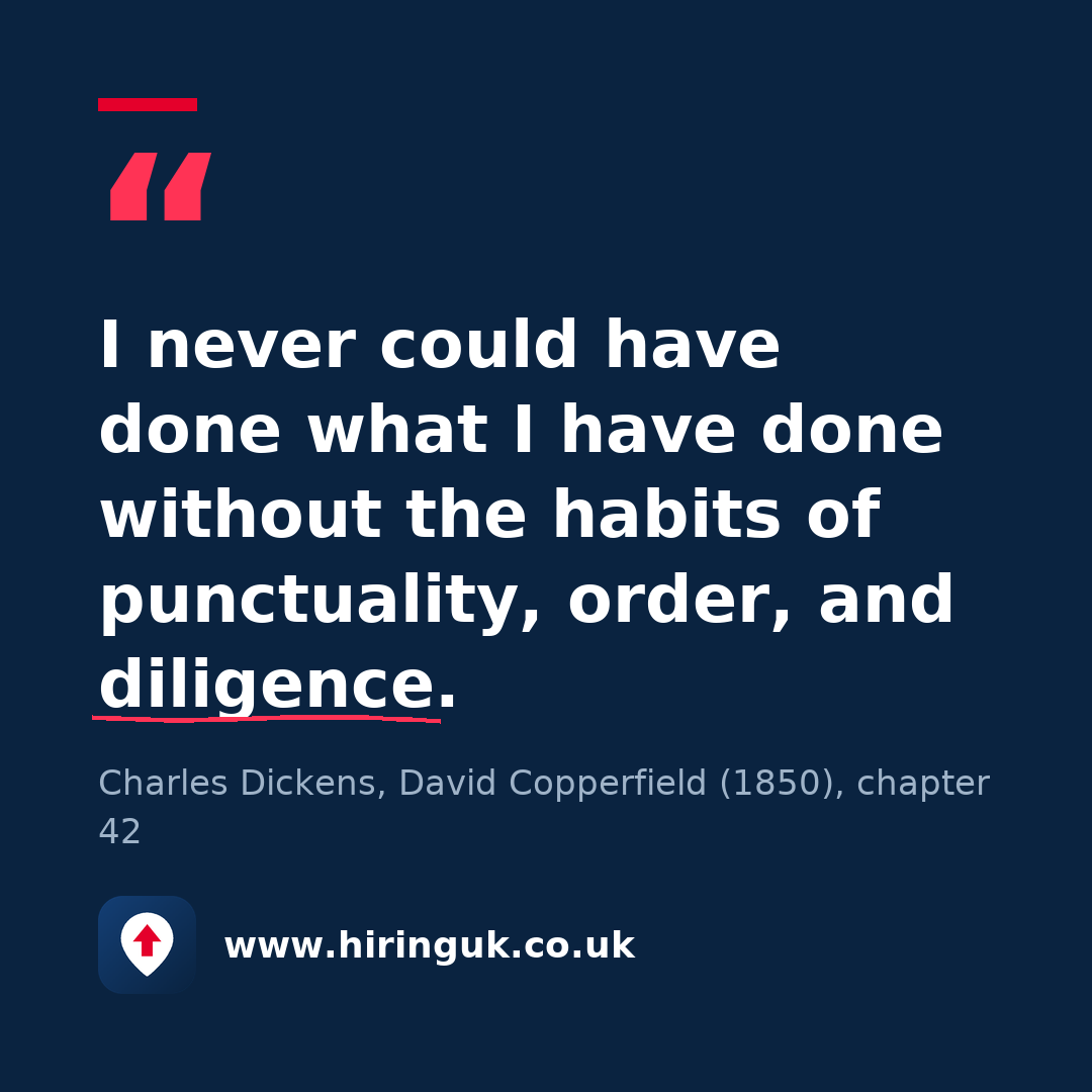 Quote card: I never could have done what I have done without the habits of punctuality, order, and diligence.
