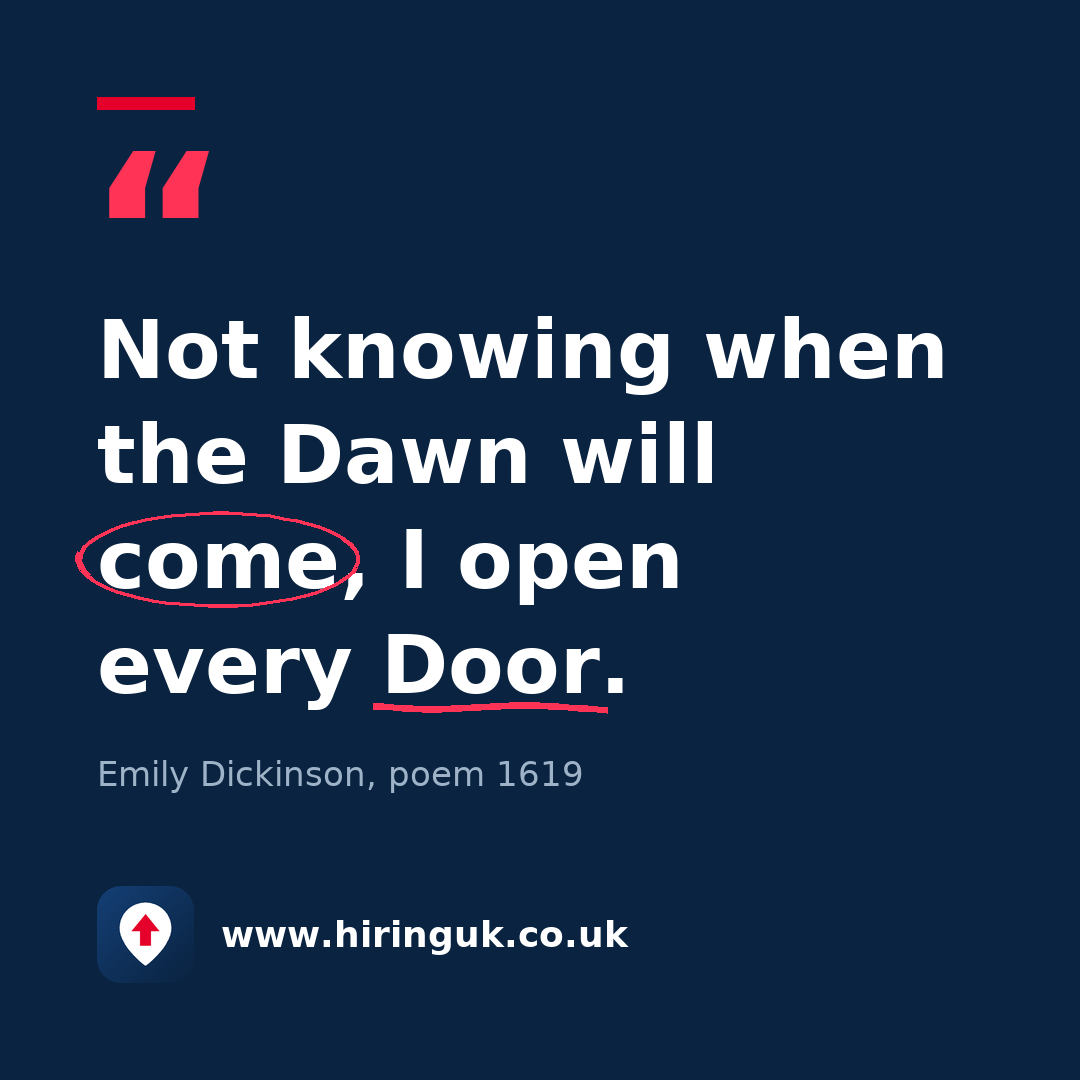 Quote card: Not knowing when the Dawn will come, I open every Door.