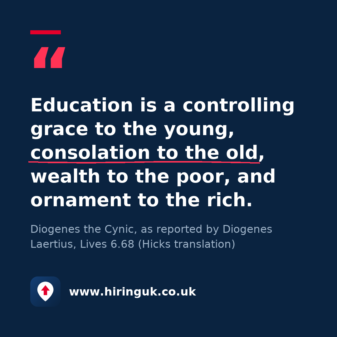 Quote card: Education is a controlling grace to the young, consolation to the old, wealth to the poor, and ornament to the rich.