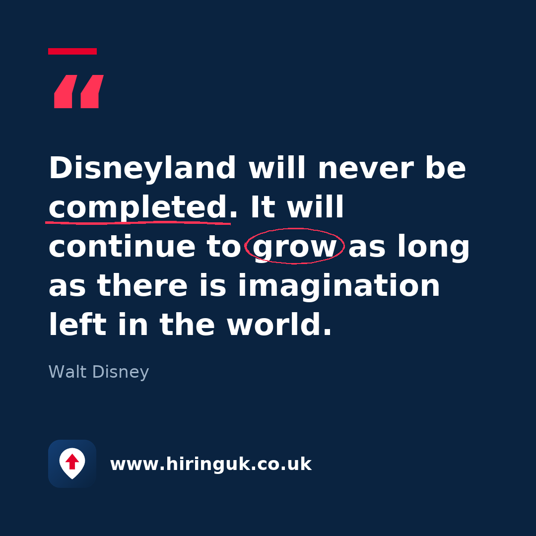 Quote card: Disneyland will never be completed. It will continue to grow as long as there is imagination left in the world.