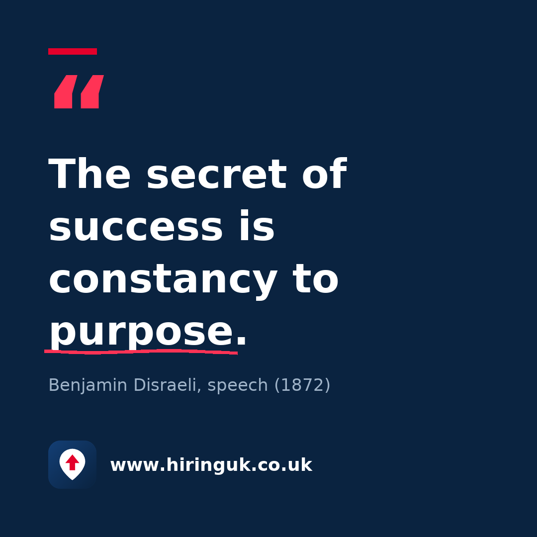 Quote card: The secret of success is constancy to purpose.