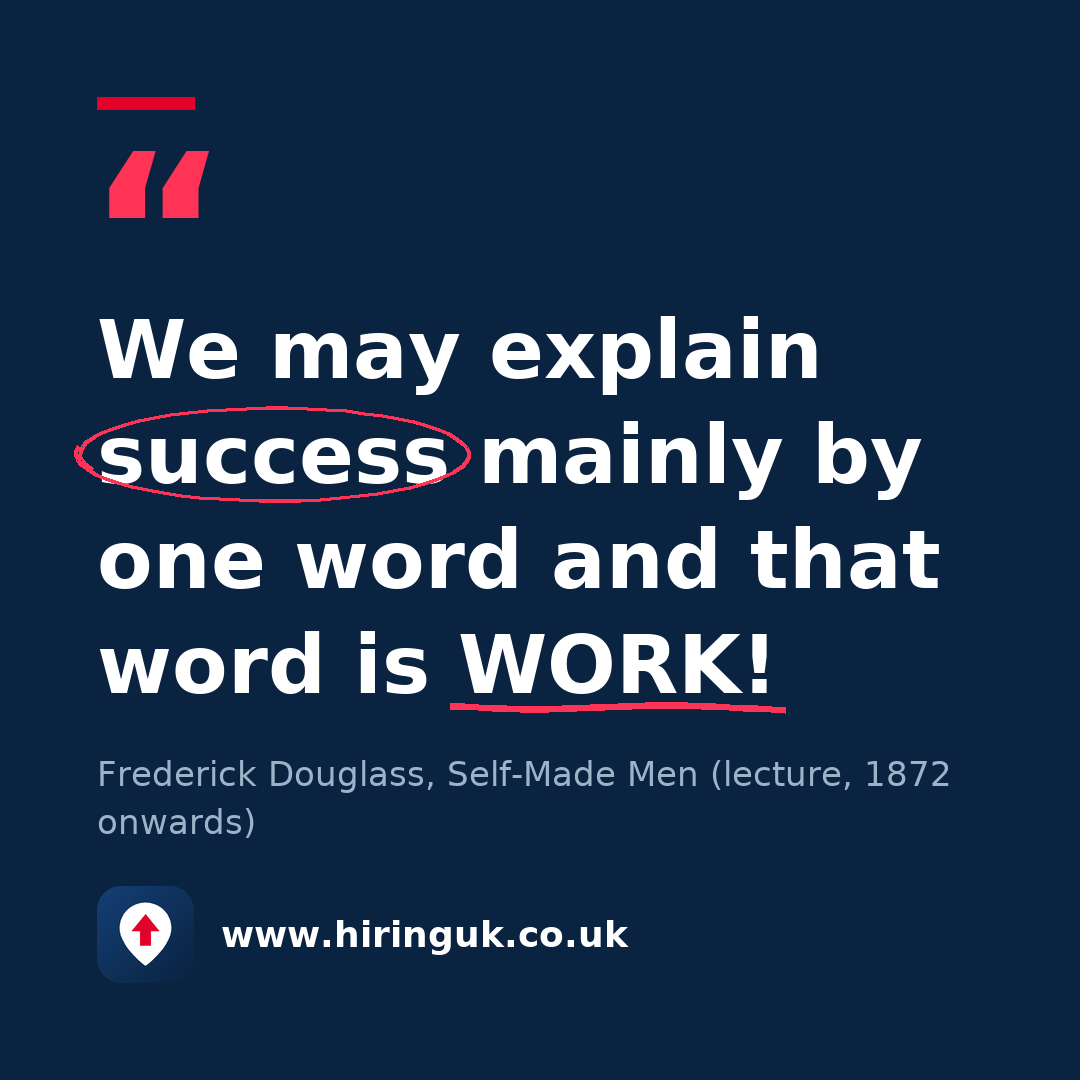 Quote card: We may explain success mainly by one word and that word is WORK!