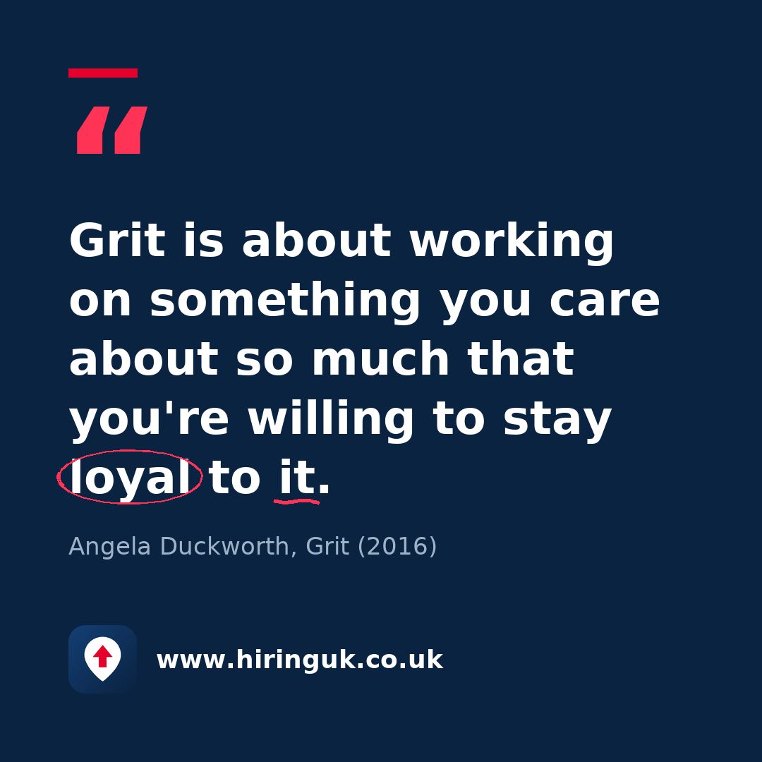 Quote card: Grit is about working on something you care about so much that you're willing to stay loyal to it.