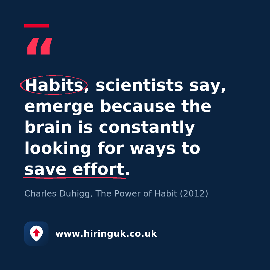 Quote card: Habits, scientists say, emerge because the brain is constantly looking for ways to save effort.
