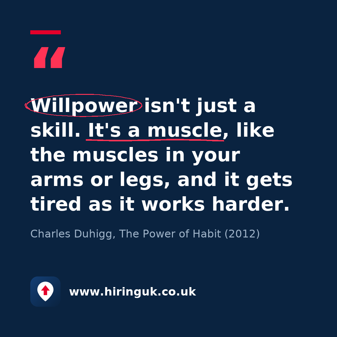 Quote card: Willpower isn't just a skill. It's a muscle, like the muscles in your arms or legs, and it gets tired as it works harder.