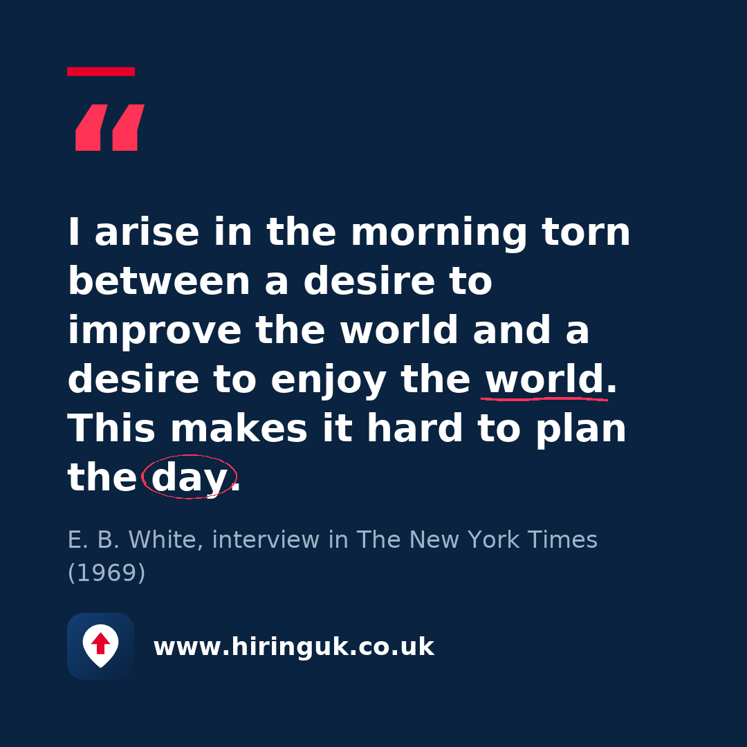 Quote card: I arise in the morning torn between a desire to improve the world and a desire to enjoy the world. This makes it hard to plan the day.