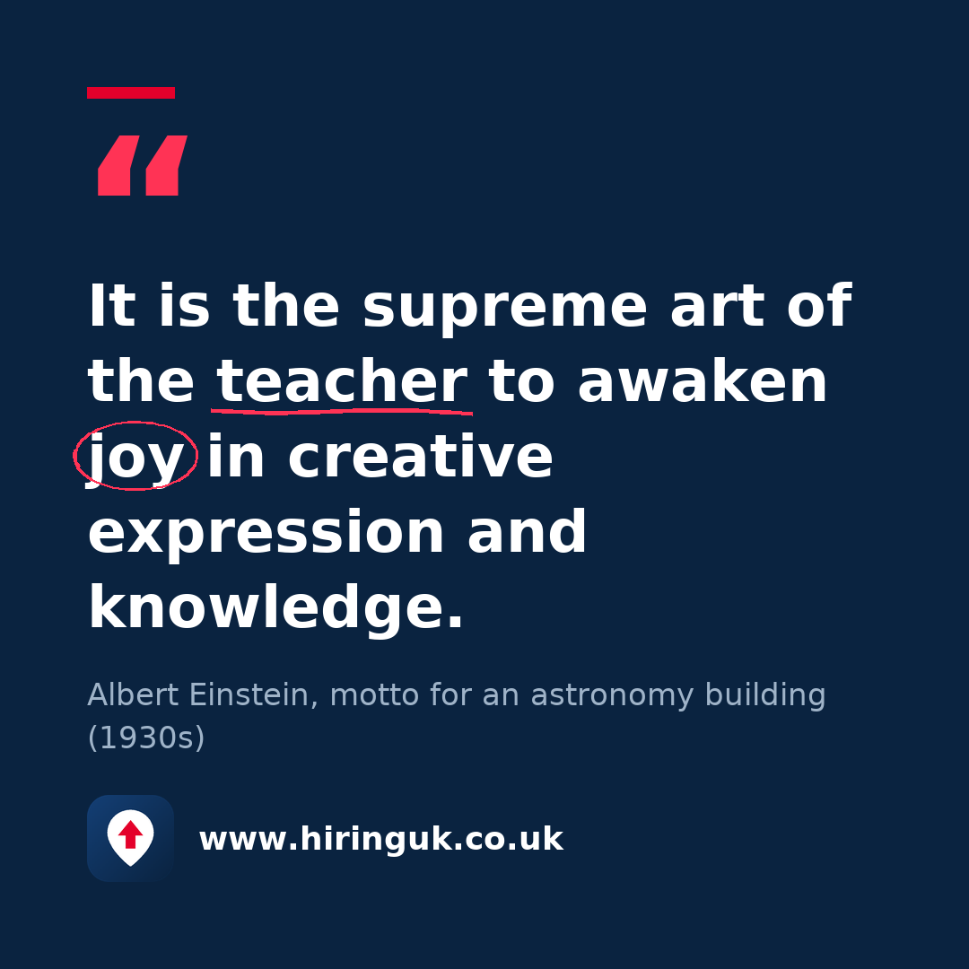 Quote card: It is the supreme art of the teacher to awaken joy in creative expression and knowledge.
