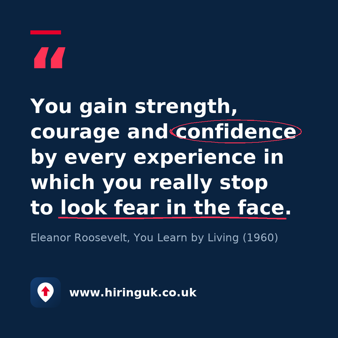 Quote card: You gain strength, courage and confidence by every experience in which you really stop to look fear in the face.