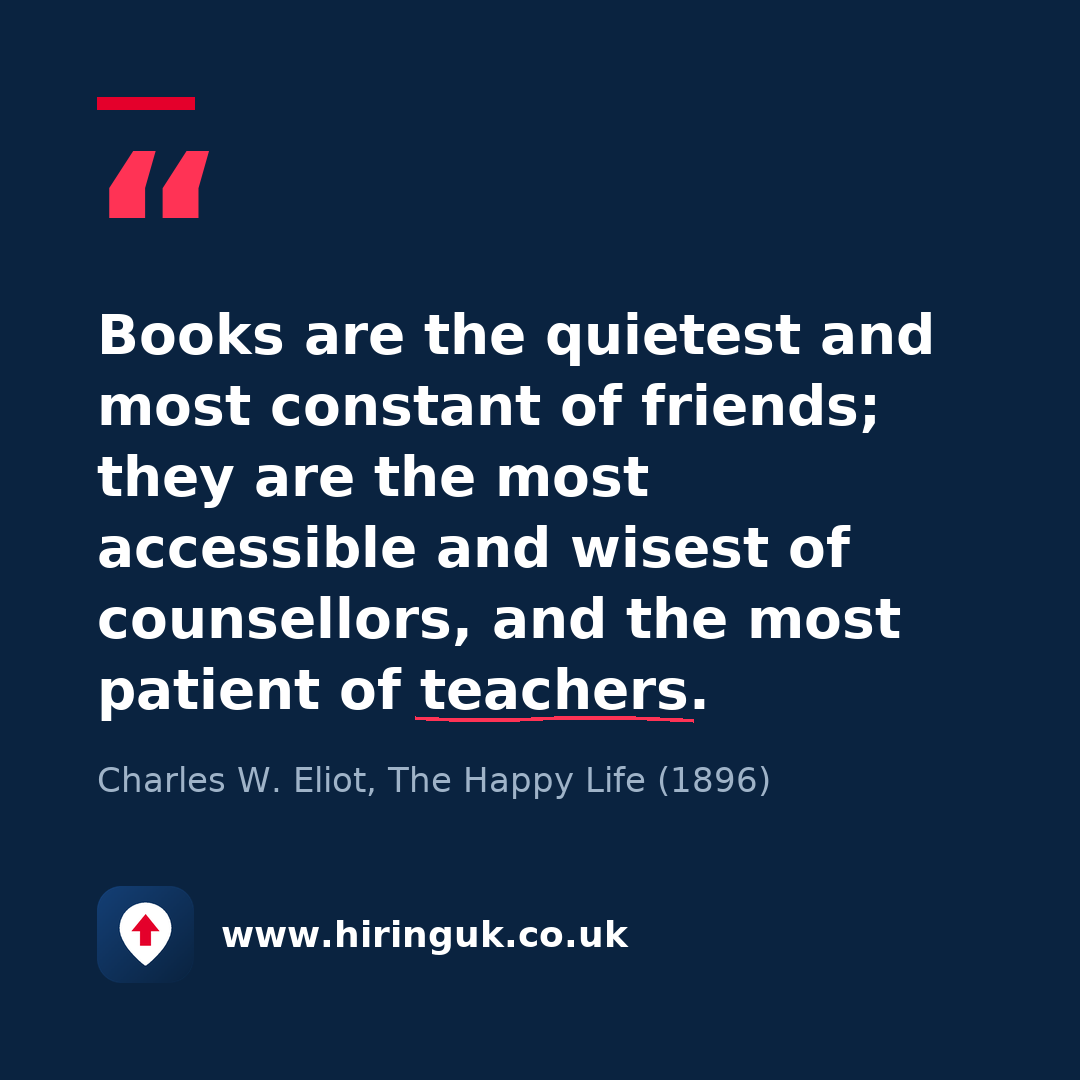 Quote card: Books are the quietest and most constant of friends; they are the most accessible and wisest of counsellors, and the most patient of teachers.