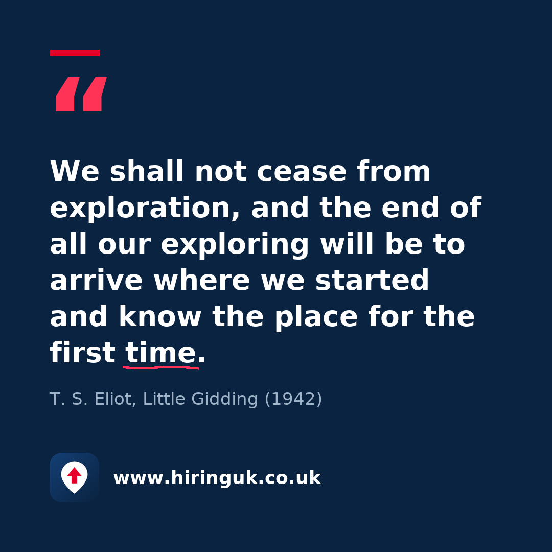 Quote card: We shall not cease from exploration, and the end of all our exploring will be to arrive where we started and know the place for the first time.