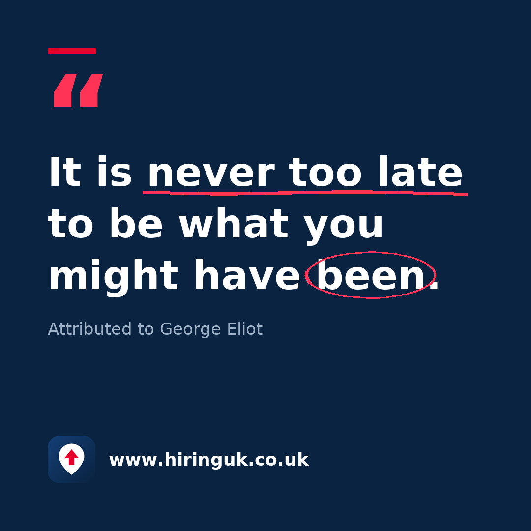 Quote card: It is never too late to be what you might have been.