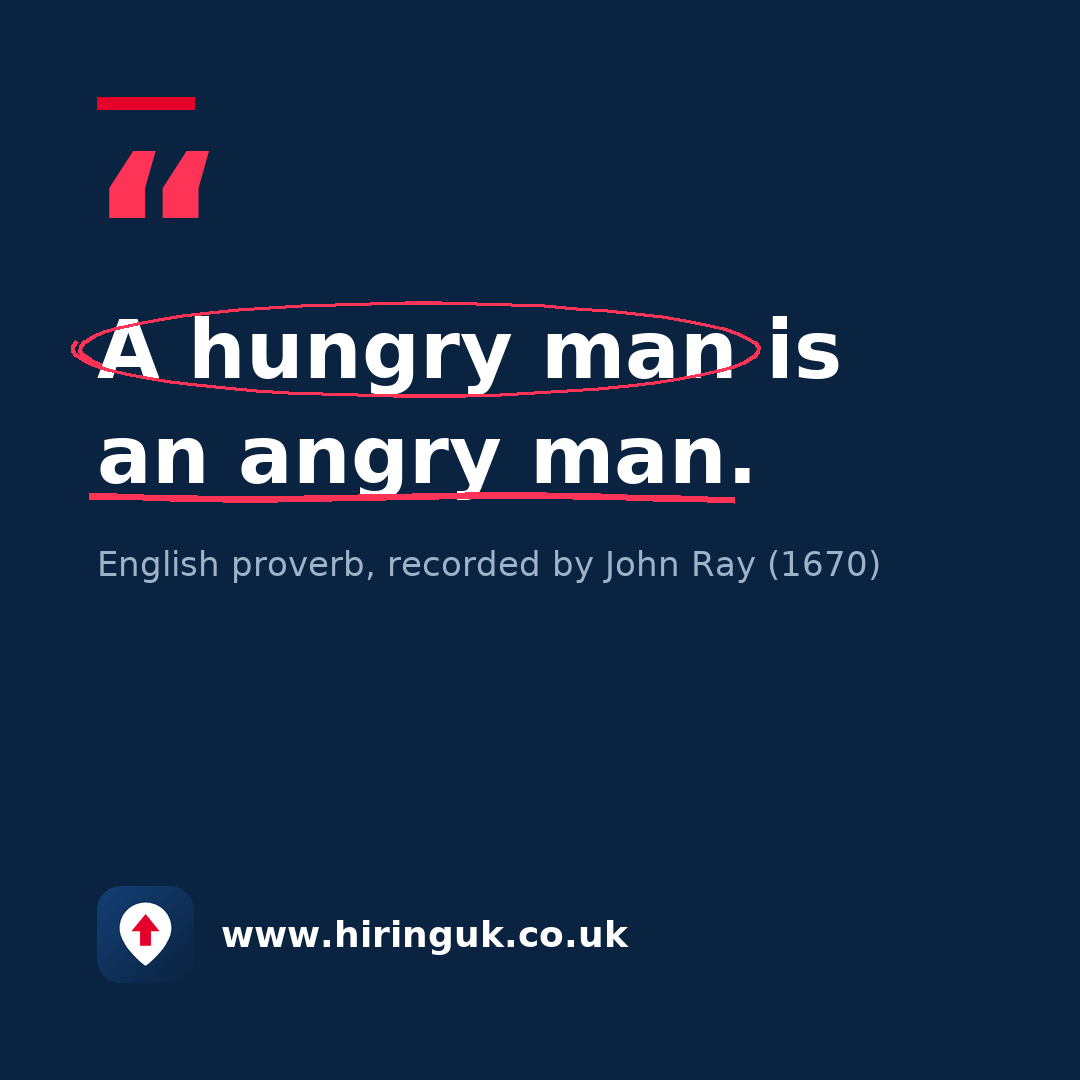 Quote card: A hungry man is an angry man.