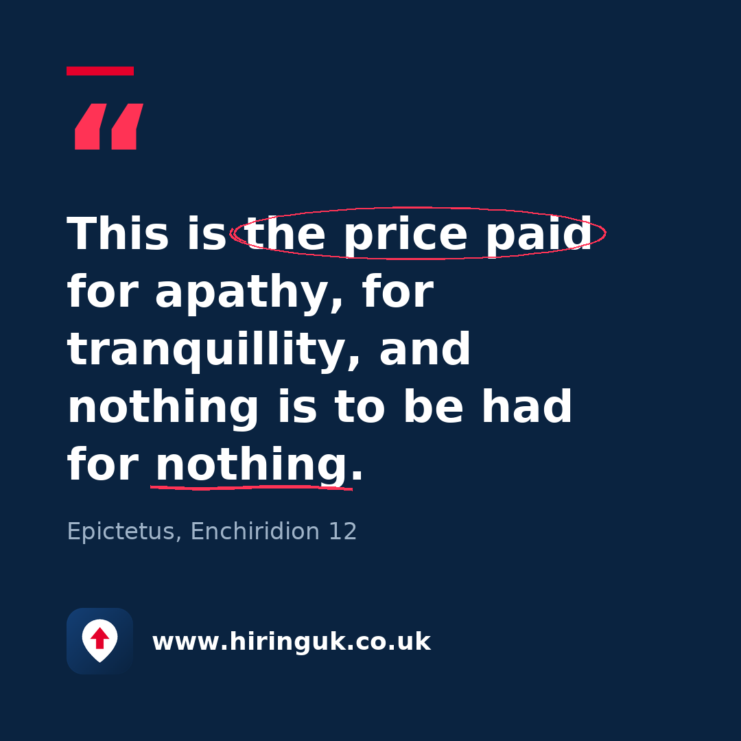 Quote card: This is the price paid for apathy, for tranquillity, and nothing is to be had for nothing.