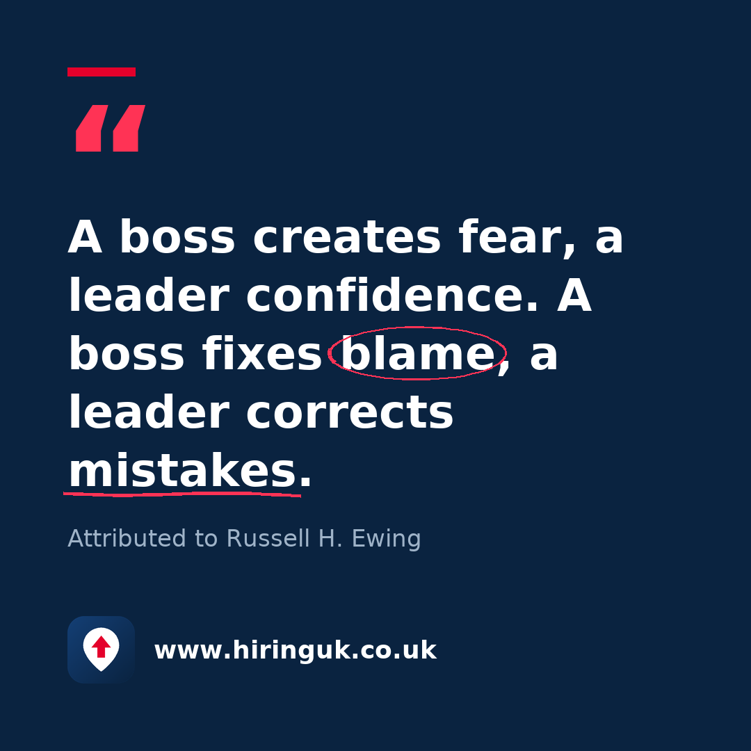Quote card: A boss creates fear, a leader confidence. A boss fixes blame, a leader corrects mistakes.