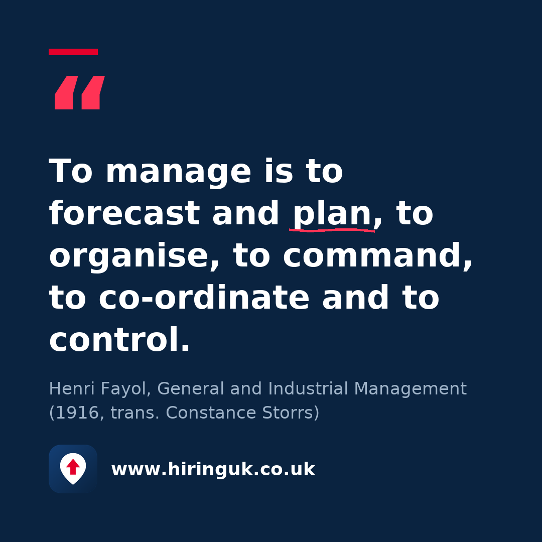 Quote card: To manage is to forecast and plan, to organise, to command, to co-ordinate and to control.