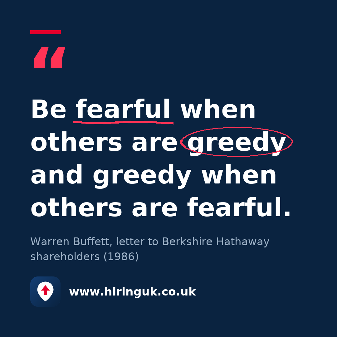 Quote card: Be fearful when others are greedy and greedy when others are fearful.