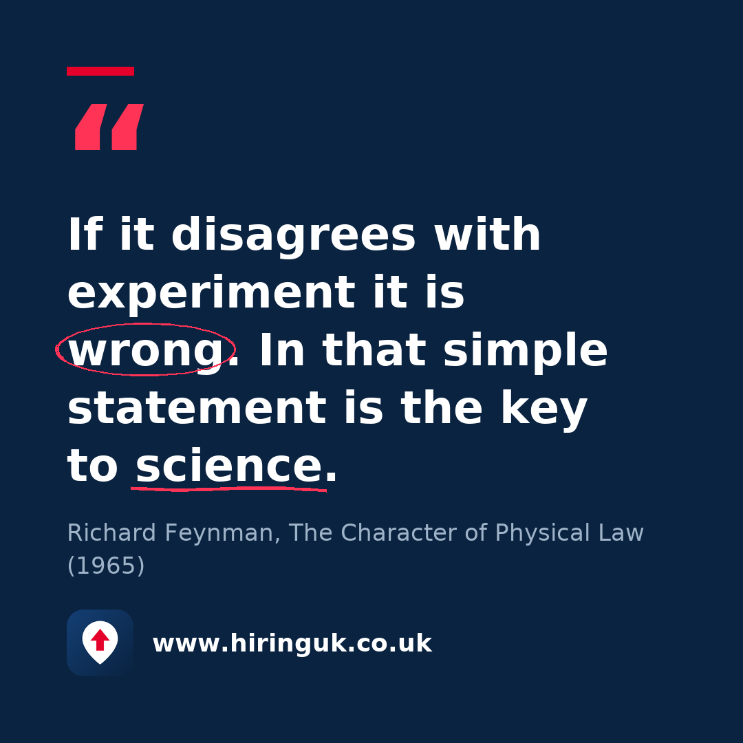 Quote card: If it disagrees with experiment it is wrong. In that simple statement is the key to science.